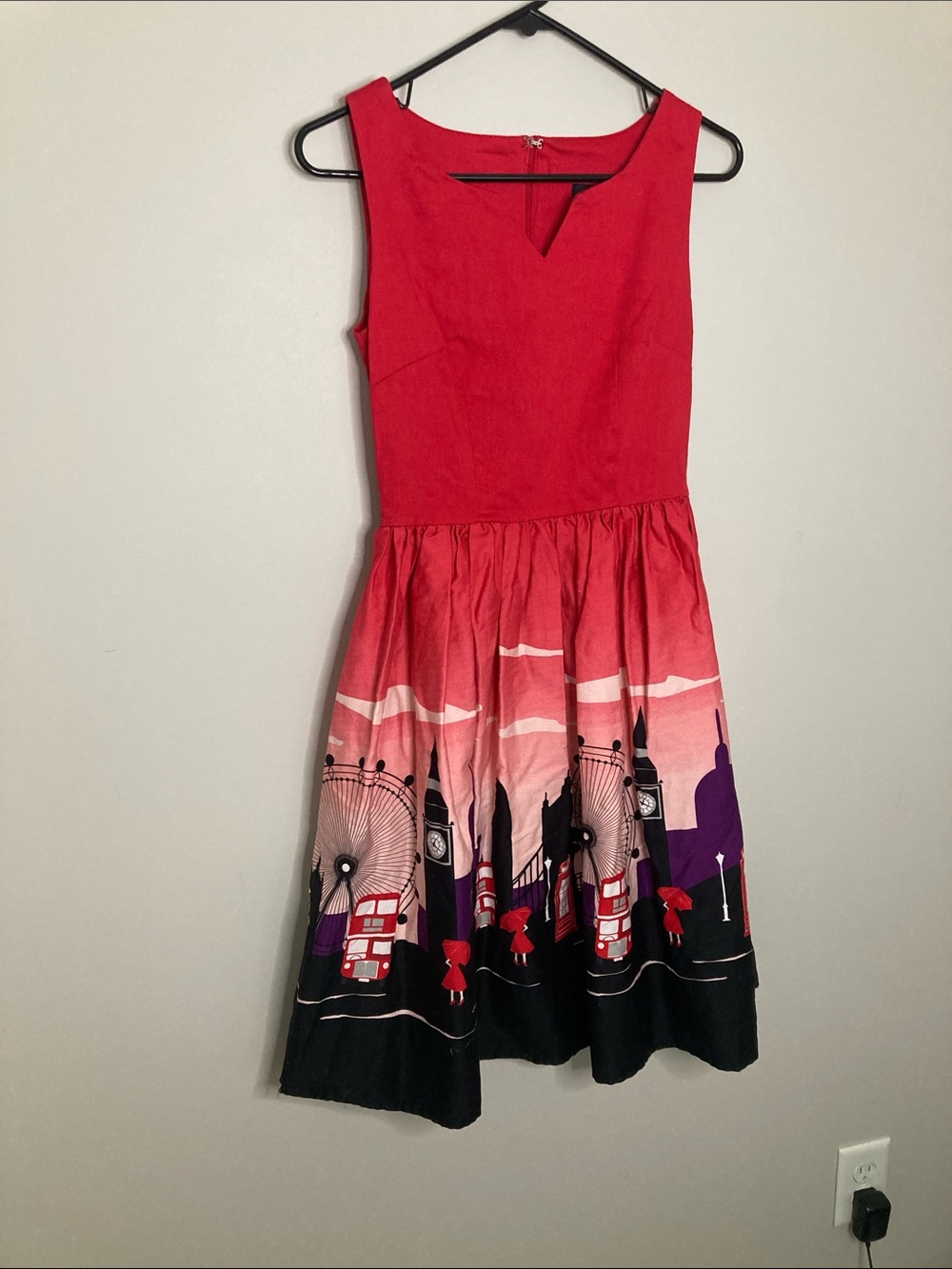 Collectif Red & Black London Print Fit-and-Flare Dress